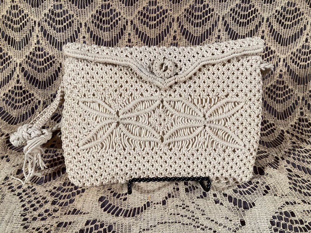 Vintage 50s Ivory Macrame Purse Cotton Woven Handbag Boho Bridal Summer Bag